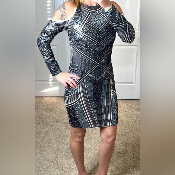 Express Silver and Black Sequin Long Sleeve Cold Shoulder Dress - Picture 3 of 7